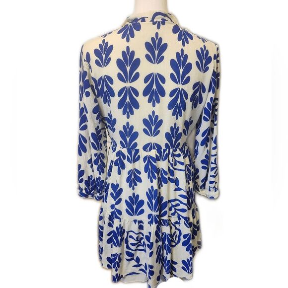 Japna Boho Bohemian Empire Waist V-Neck White & Blue Mini Dress, S - Picture 4 of 7